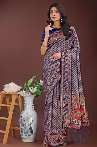 navy blue art silk fabric with jacquard work and zari weaving saree with blouse