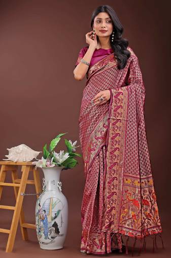 magenta art silk fabric with jacquard work and zari weaving saree with blouse