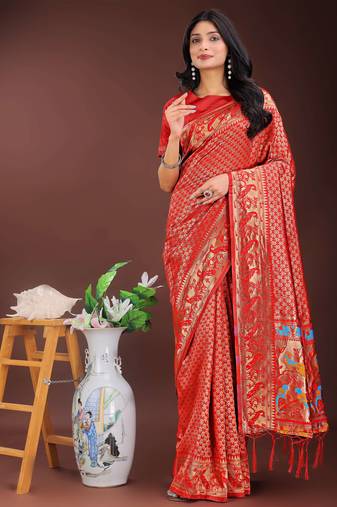 red art silk fabric with jacquard work and zari weaving saree with blouse