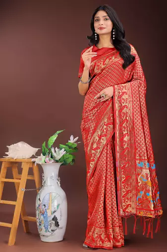 red art silk fabric with jacquard work and zari weaving saree with blouse