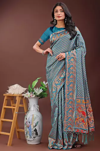 teal art silk fabric with jacquard work and zari weaving saree with blouse
