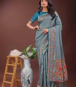 teal art silk fabric with jacquard work and zari weaving saree with blouse