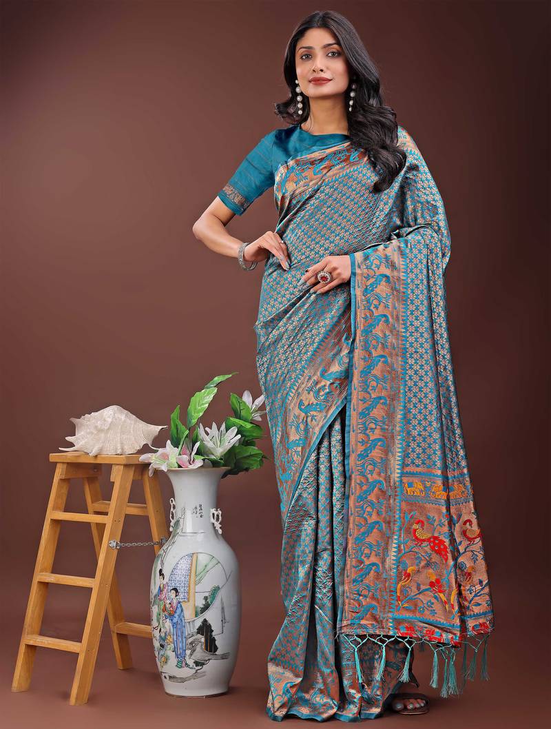 teal art silk fabric with jacquard work and zari weaving saree with blouse