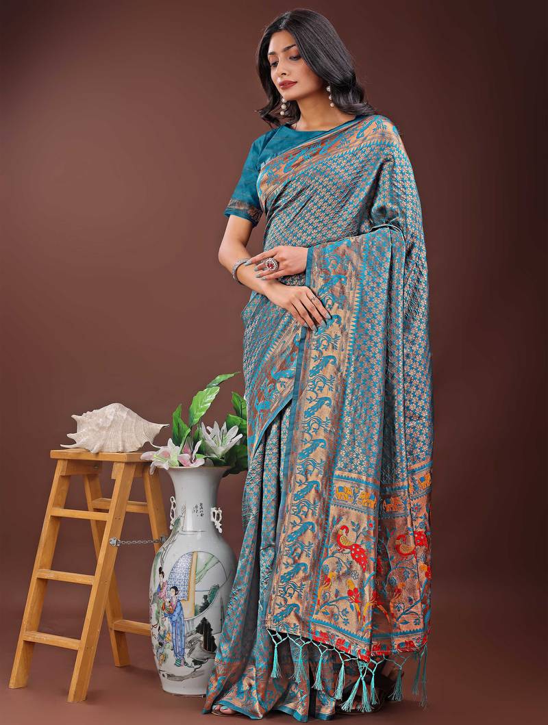teal art silk fabric with jacquard work and zari weaving saree with blouse