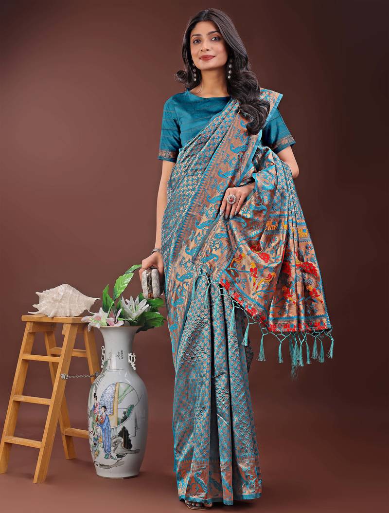 teal art silk fabric with jacquard work and zari weaving saree with blouse