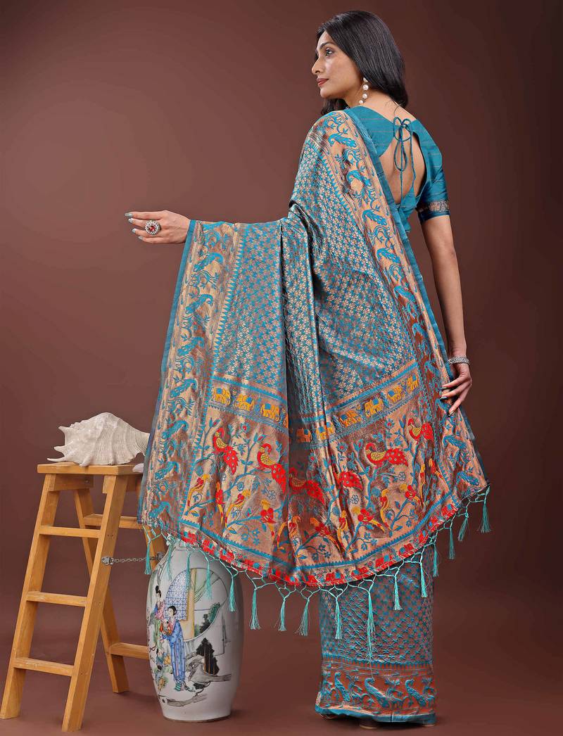 teal art silk fabric with jacquard work and zari weaving saree with blouse