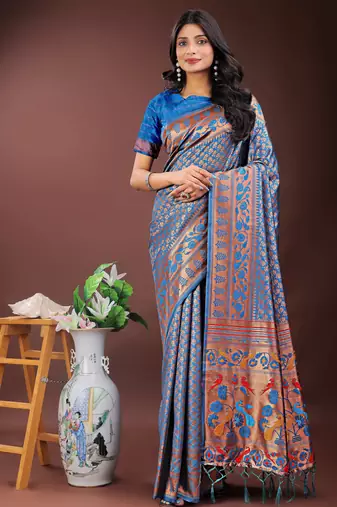 blue art silk fabric with jacquard work and zari weaving saree with blouse