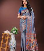 blue art silk fabric with jacquard work and zari weaving saree with blouse