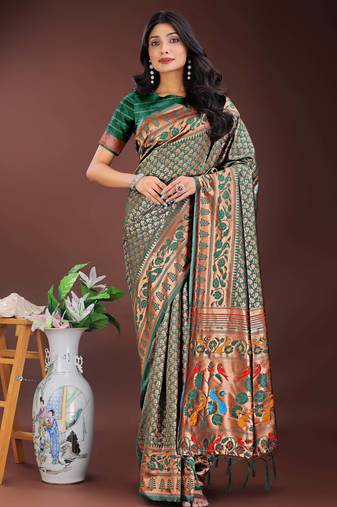 sea green art silk fabric with jacquard work and zari weaving saree with blouse