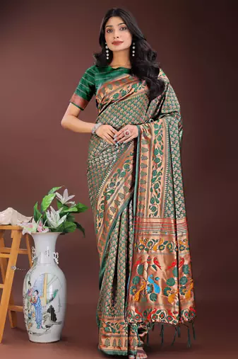 sea green art silk fabric with jacquard work and zari weaving saree with blouse