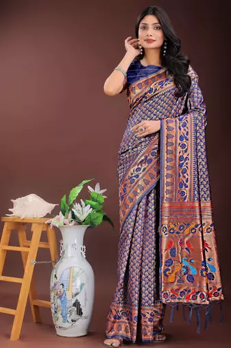navy blue art silk fabric with jacquard work and zari weaving saree with blouse