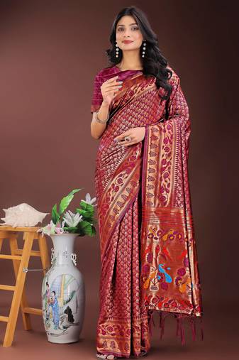 maroon art silk fabric with jacquard work and zari weaving saree with blouse