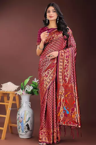 maroon art silk fabric with jacquard work and zari weaving saree with blouse