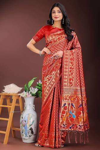 red art silk fabric with jacquard work and zari weaving saree with blouse