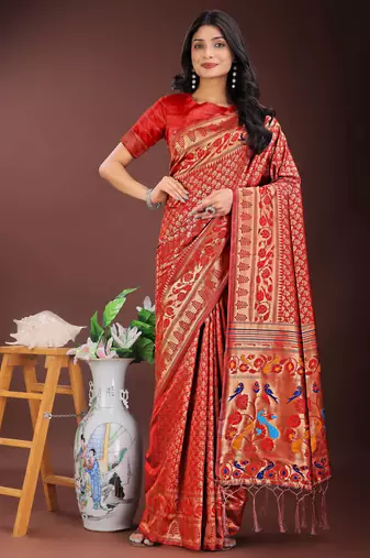 red art silk fabric with jacquard work and zari weaving saree with blouse