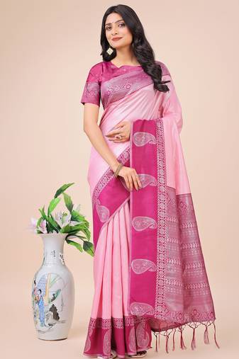 light pink lichi art silk with printed and zari weaving saree with blouse