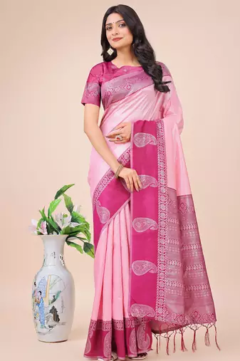 light pink lichi art silk with printed and zari weaving saree with blouse
