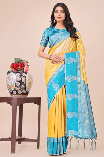 yellow lichi art silk with printed and zari weaving saree with blouse