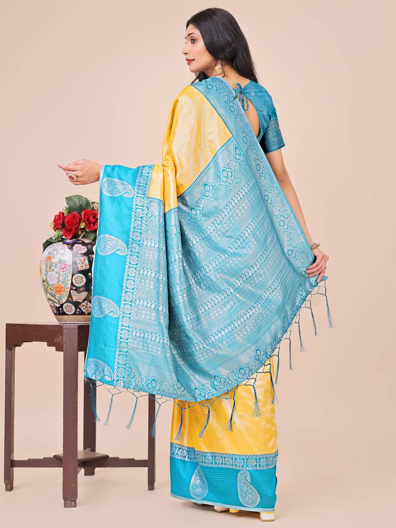 yellow lichi art silk with printed and zari weaving saree with blouse