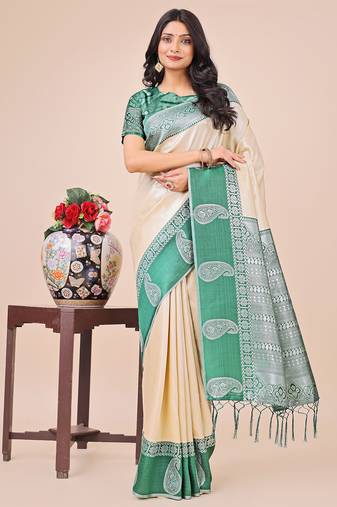 cream lichi art silk with printed and zari weaving saree with blouse