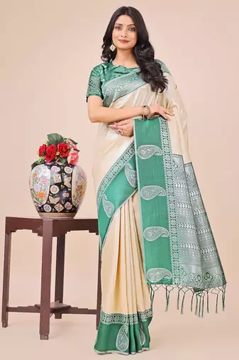 cream lichi art silk with printed and zari weaving saree with blouse