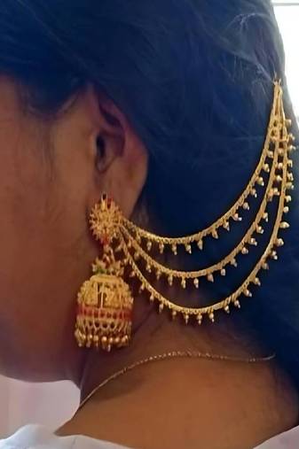 Antique gold temple jhumka earrings - traditional south indian wedding jewelry set with ear chain