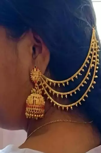 Antique gold temple jhumka earrings - traditional south indian wedding jewelry set with ear chain