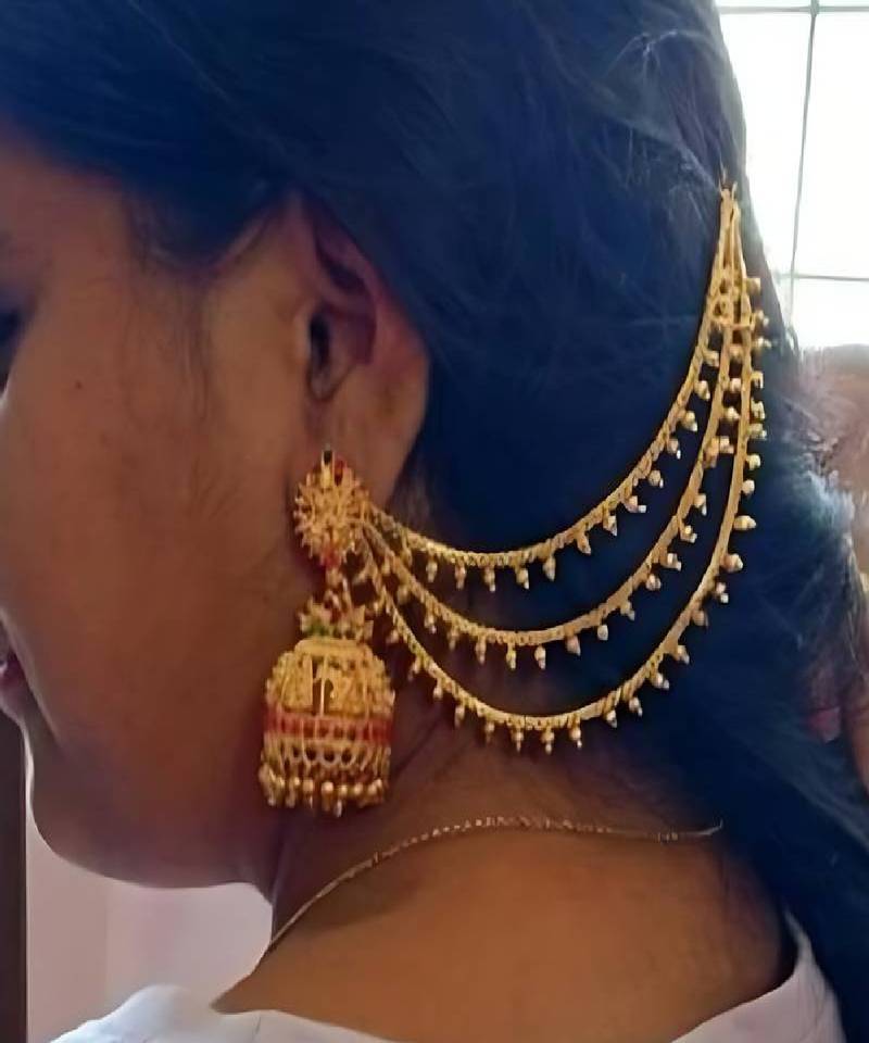 Antique gold temple jhumka earrings - traditional south indian wedding jewelry set with ear chain