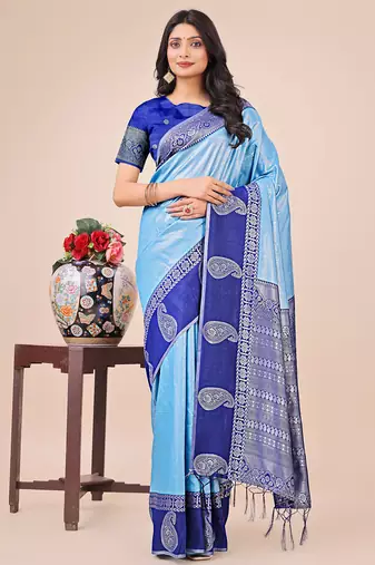 sky blue lichi art silk with printed and zari weaving saree with blouse