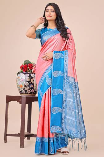 peach lichi art silk with printed and zari weaving saree with blouse