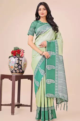 light green lichi art silk with printed and zari weaving saree with blouse