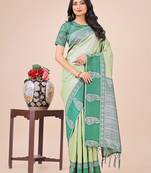 light green lichi art silk with printed and zari weaving saree with blouse
