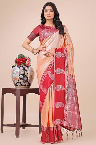 peach lichi art silk with printed and zari weaving saree with blouse