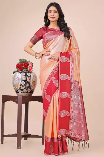 peach lichi art silk with printed and zari weaving saree with blouse