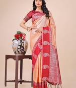 peach lichi art silk with printed and zari weaving saree with blouse