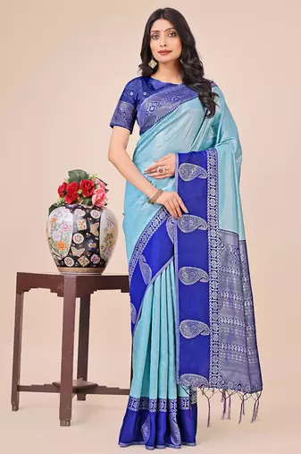 teal lichi art silk with printed and zari weaving saree with blouse