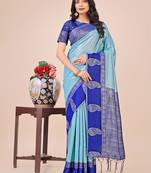 teal lichi art silk with printed and zari weaving saree with blouse