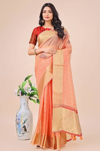 peach organza with thread work and zari weaving saree with blouse