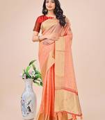 peach organza with thread work and zari weaving saree with blouse