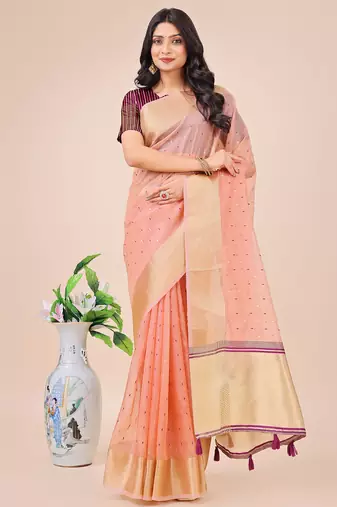 light pink organza with thread work and zari weaving saree with blouse