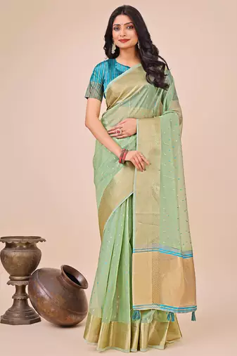 green organza with thread work and zari weaving saree with blouse