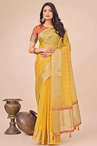 yellow organza with thread work and zari weaving saree with blouse