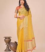 yellow organza with thread work and zari weaving saree with blouse