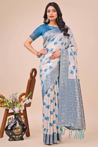 sky blue linen cotton with jacquard work and zari weaving saree with blouse