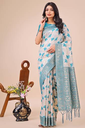 teal linen cotton with jacquard work and zari weaving saree with blouse