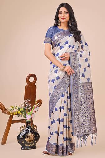 blue linen cotton with jacquard work and zari weaving saree with blouse