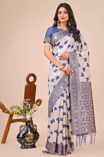 blue linen cotton with jacquard work and zari weaving saree with blouse