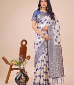 blue linen cotton with jacquard work and zari weaving saree with blouse