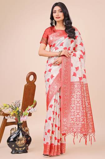 red linen cotton with jacquard work and zari weaving saree with blouse