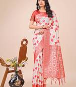 red linen cotton with jacquard work and zari weaving saree with blouse